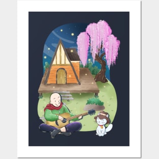 Cozy A frame cottage, man, cat, guitar at night, sakura willow tree Posters and Art